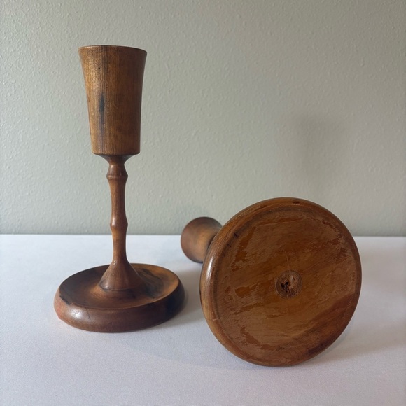 VINTAGE Handcrafted Wood Candlestick Holders Excellent Vintage Condition MCM - Picture 2 of 6